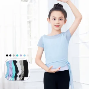 Ballet Tops Girls Dance T-shirt Tops Kids Summer Dance Clothes With Side Bandage Design Short Sleeves Mesh Nylon Tops 1