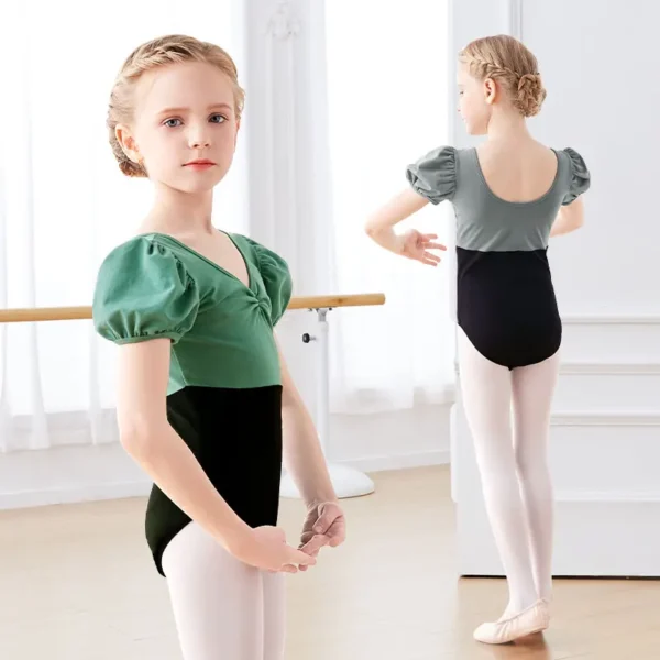 Girls Ballet Leotards Puff Sleeves Cotton Splice Gymnastics Leotard Dancing Bodysuit Dance Leotard Dancewear Kids Dance Costumes 2