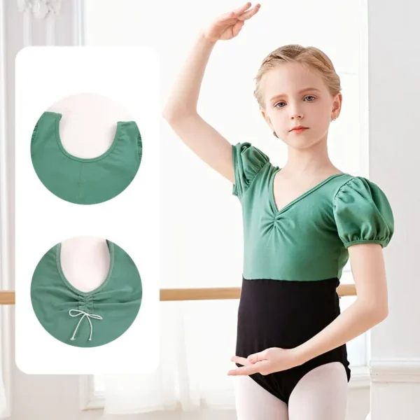 Girls Ballet Leotards Puff Sleeves Cotton Splice Gymnastics Leotard Dancing Bodysuit Dance Leotard Dancewear Kids Dance Costumes 4