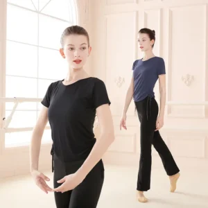 Ballet Tops Adult Ballet Drawstring Bandage Tops Modal Short Sleeve V Neck Tops Dance T-shirt Woman Dancewear Training Suit 1